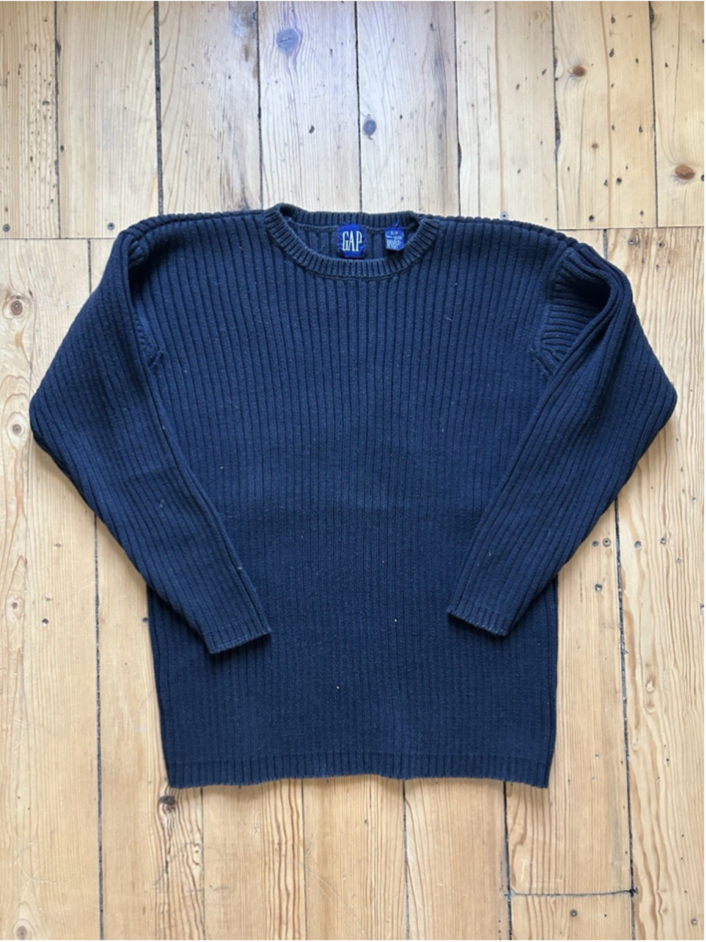 Vintage Gap Mens Small Ribbed Knit Crewneck Sweater Black Striped 90s